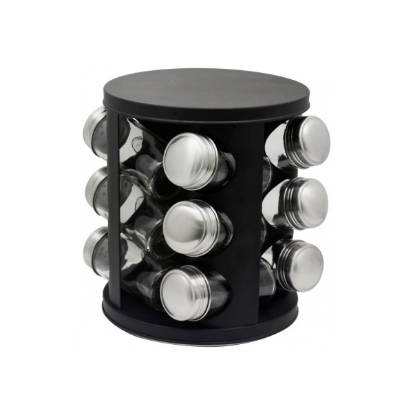 Set condimente rotativ, 12 recipiente, negru mat