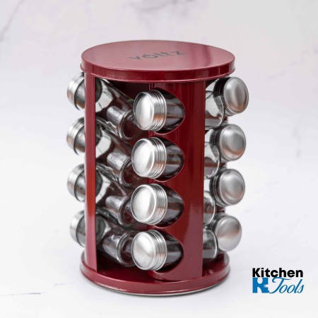 Set metalic organizator condimente, rotativ, 16 recipiente, rosu lucios