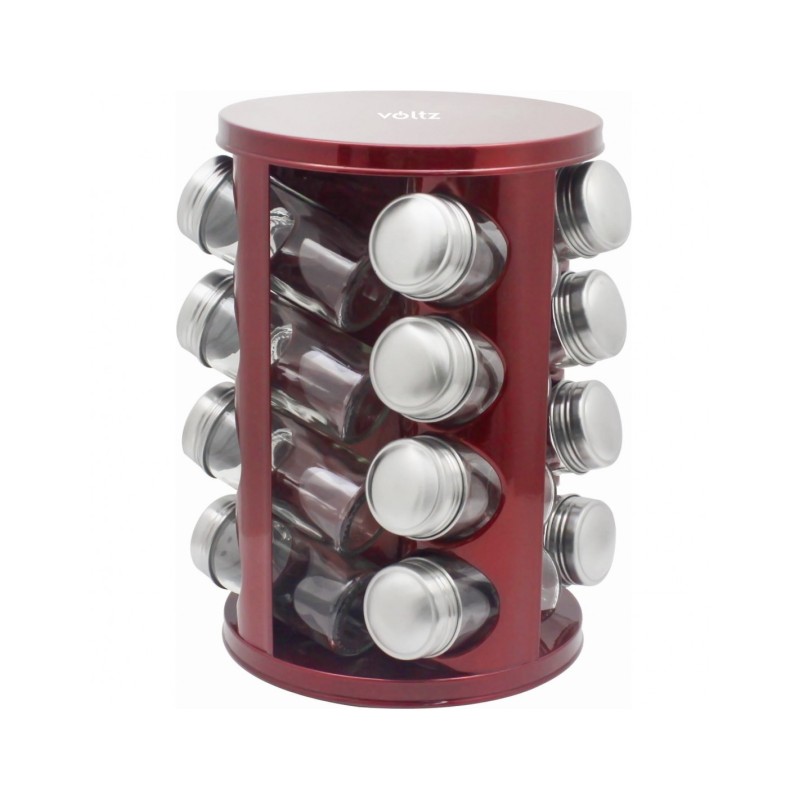 Set metalic organizator condimente, rotativ, 16 recipiente, rosu lucios