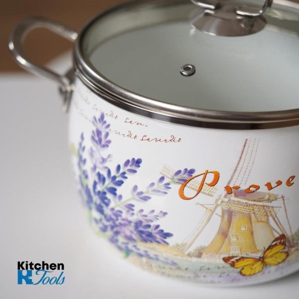 Oala emailata cu capac din sticla yena Zephyr, 20cm, manere din inox, 4.8L, model provence