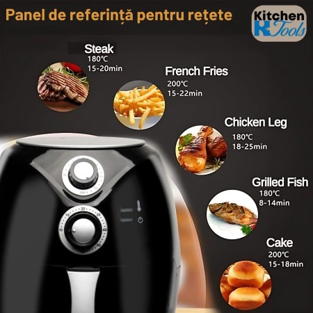 Friteuza Airfryer cu aer cald, 1600W, 2.6L, 80°C~200°C, Temporizator, Rozberg, Negru