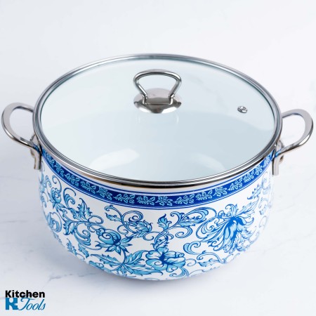 Cratita emailata, 20x13cm, 4 litri, manere cromate, capac sticla, inclusiv inductie, Goldmann, model floral albastru