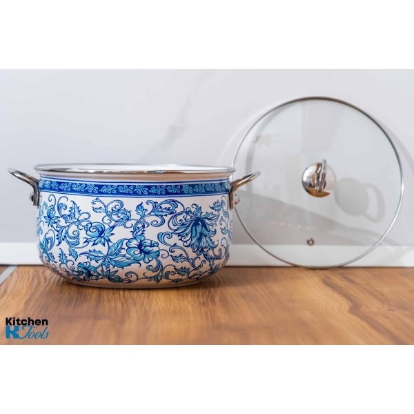 Cratita emailata, 26x16cm, 8.5 litri, manere cromate, capac sticla, inclusiv inductie, Goldmann, model floral albastru
