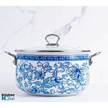 Cratita emailata, 26x16cm, 8.5 litri, manere cromate, capac sticla, inclusiv inductie, Goldmann, model floral albastru