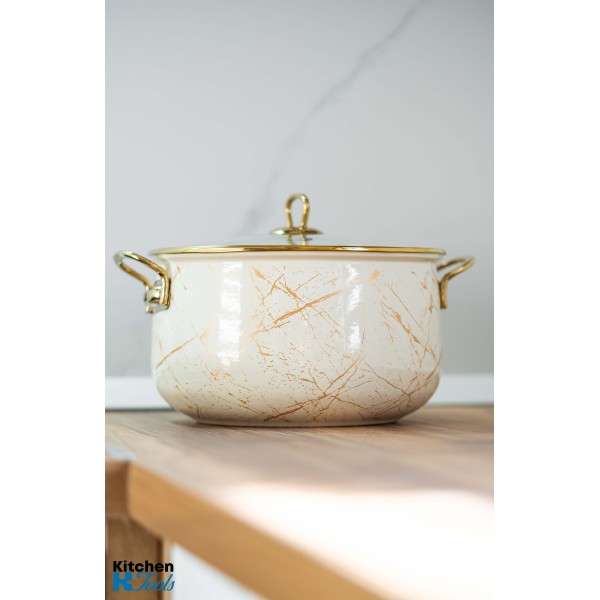 Cratita emailata, 26x16cm, 8.5 litri, manere titan aurii, capac sticla, inclusiv inductie, Goldmann, bej