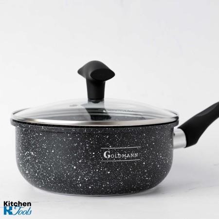 Cratita pentru sos, 20x9.5cm 2.7 L, acoperire ceramica, maner soft touch, capac sticla, Goldmann, marmorata