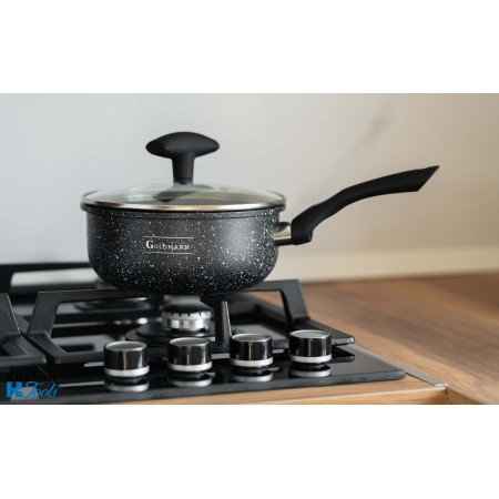 Cratita pentru sos, 20x9.5cm 2.7 L, acoperire ceramica, maner soft touch, capac sticla, Goldmann, marmorata
