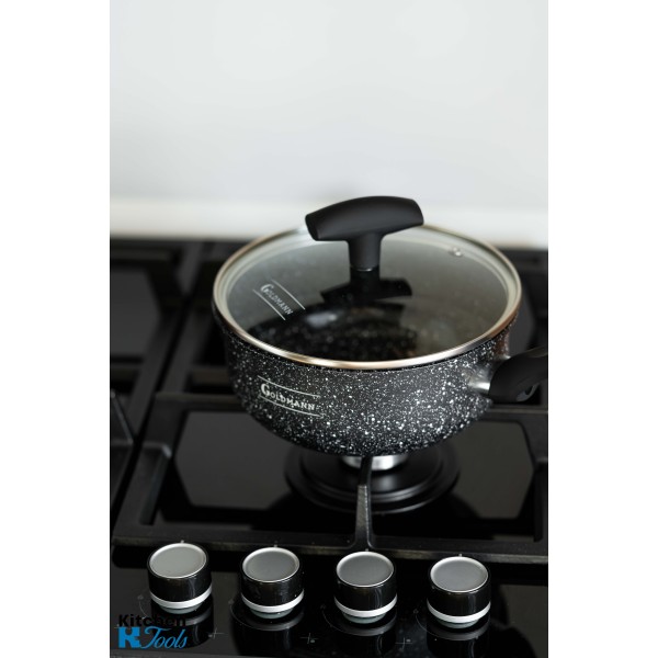 Cratita pentru sos, 20x9.5cm 2.7 L, acoperire ceramica, maner soft touch, capac sticla, Goldmann, marmorata