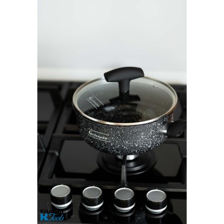 Cratita pentru sos, 20x9.5cm 2.7 L, acoperire ceramica, maner soft touch, capac sticla, Goldmann, marmorata