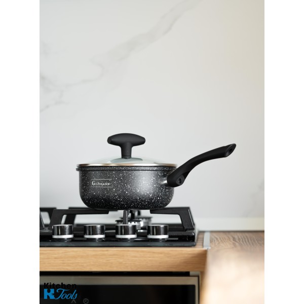 Cratita pentru sos, 20x9.5cm 2.7 L, acoperire ceramica, maner soft touch, capac sticla, Goldmann, marmorata