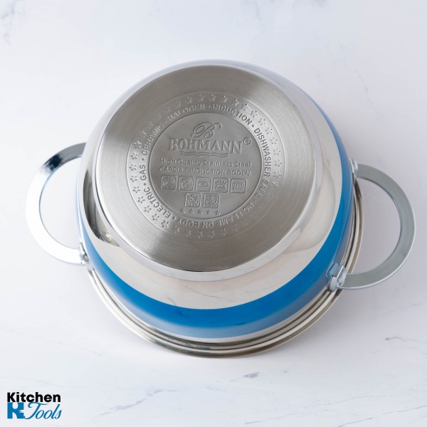 Cratita din inox, 5.9l, 24cm, capac sticla termorezistent, inclusiv inductie, Bohmann, Albastra