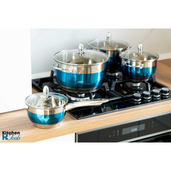 Cratita din inox, 5.9l, 24cm, capac sticla termorezistent, inclusiv inductie, Bohmann, Albastra