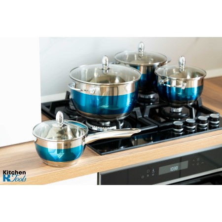 Cratita din inox, 5.9l, 24cm, capac sticla termorezistent, inclusiv inductie, Bohmann, Albastra