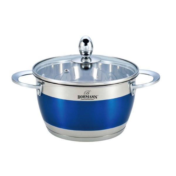 Cratita din inox, 5.9l, 24cm, capac sticla termorezistent, inclusiv inductie, Bohmann, Albastra