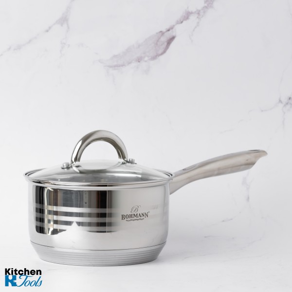 Cratita pentru sos din inox, 2.7l, 18cm, capac sticla termorezistent, inclusiv inductie, Bohmann