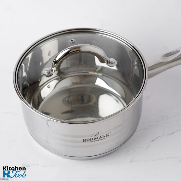 Cratita pentru sos din inox, 2.7l, 18cm, capac sticla termorezistent, inclusiv inductie, Bohmann