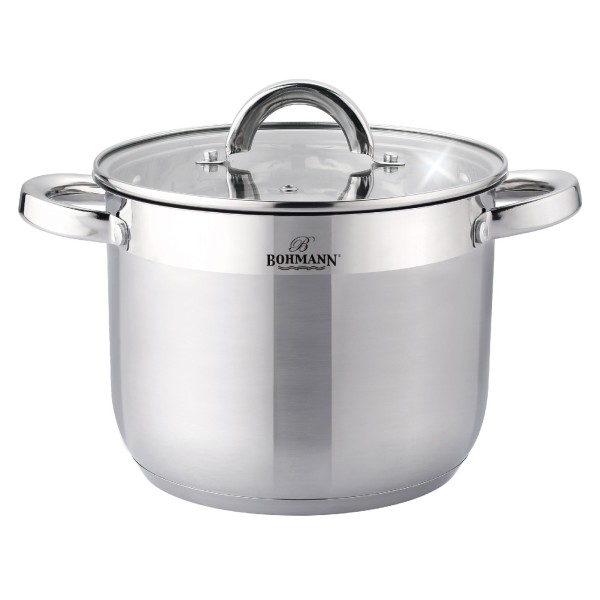 Oala din inox cu capac 7 L , 22x16cm, capac sticla termorezistent, compatibil inductie, Bohmann