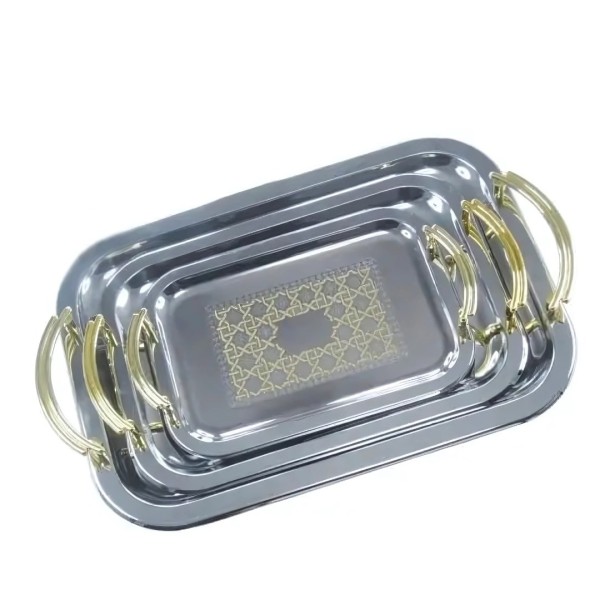 Set tavi Bohmann din inox pentru servire, manere gold, model: trandafir