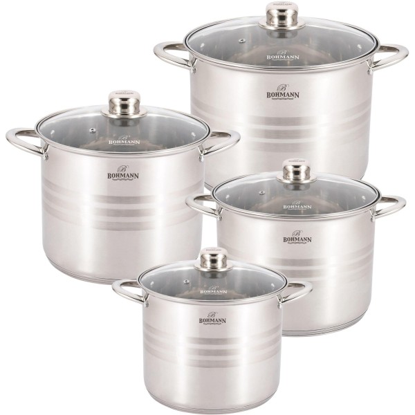 Set oale inox 8 piese Bohmann, 7 L, 9 L, 11.5 L, 13.5 L, 3 straturi, compatibil cu inductie, capace sticla inox